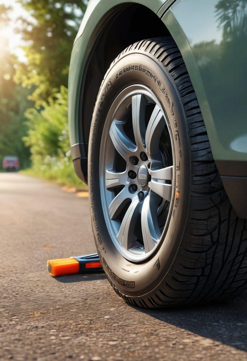 A well-maintained tire on a pristine road, surrounded by lush greenery, with a close-up focus on the tread and sidewall details. In the background, tools like tire pressure gauges and brushes are artistically arranged, showcasing tire care. A bright sun casts warm light, highlighting the importance of safety and durability in tire maintenance. super-realistic. vibrant colors. 3D.