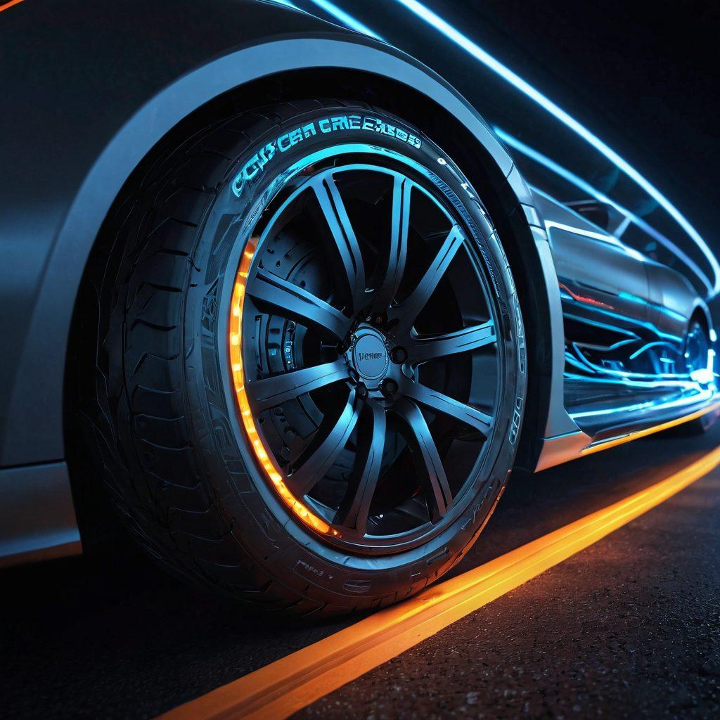 A close-up of a futuristic tire showcasing intricate tread patterns, featuring a glowing smart sensor embedded within. The background highlights a racetrack with advanced vehicles in motion, demonstrating enhanced performance. Bright, vibrant colors and dynamic lighting create motion and energy. super-realistic. 3D. vibrant colors.